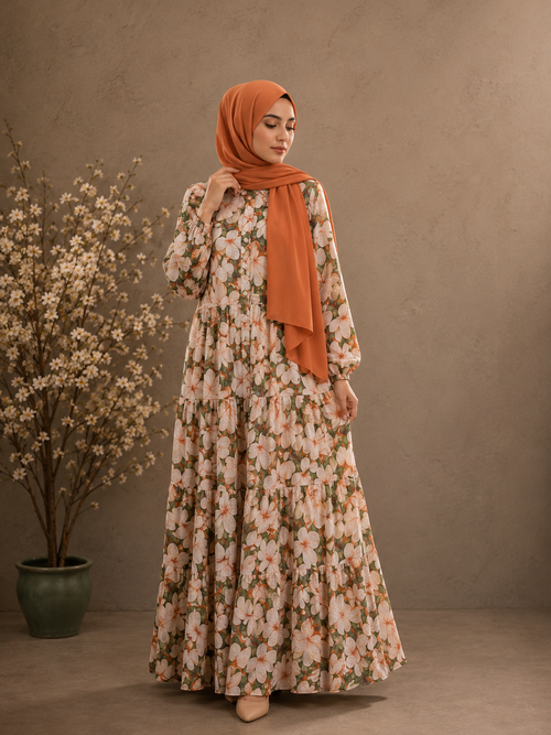 Floral Printed Gown — Orange